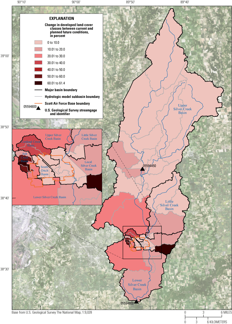 The change in land-cover development in the Silver Creek Basin between planned and
                           current conditions indicated the greatest increase in developed area will be in the
                           downstream one-third of the basin.