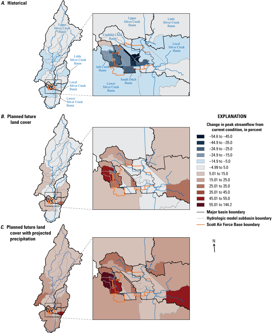 Maps indicate the subbasins with the greatest percentage change in peak streamflows
                     for the 2-year recurrence interval event are in the downstream one-half of basin except
                     for basin-wide changes under future land cover plus projected precipitation.