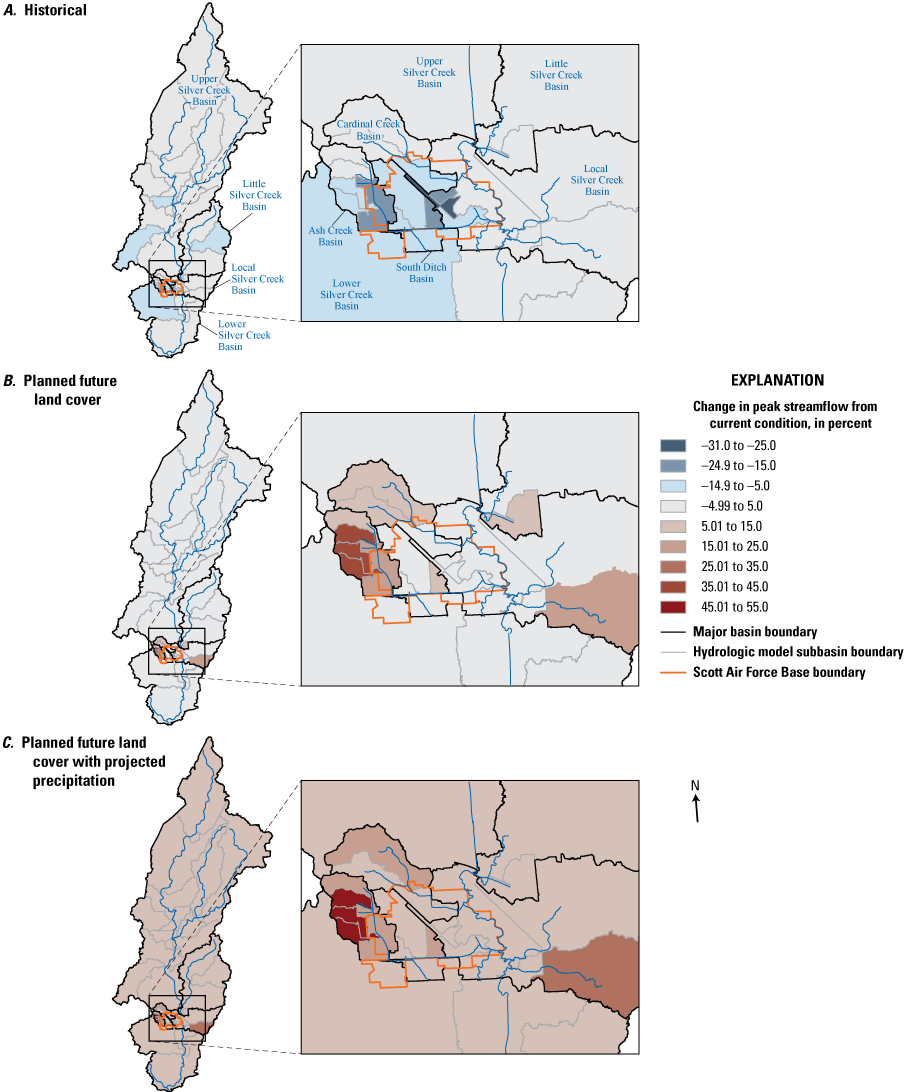 Maps indicate the subbasins with the greatest percentage change in peak streamflows
                     for the 100-year recurrence interval event are in the downstream one-half of basin
                     except for basin-wide changes under future land cover plus projected precipitation.