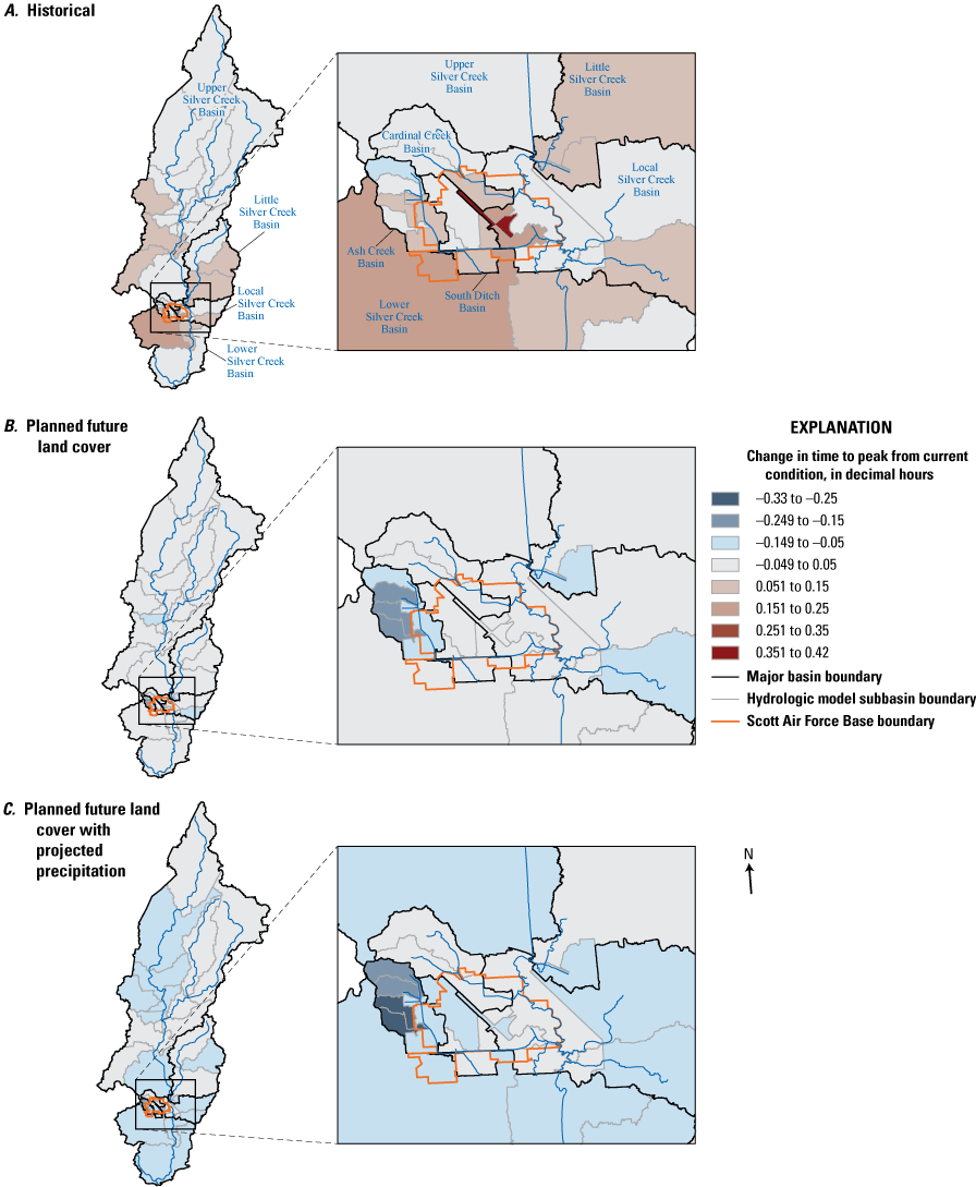 Maps indicate the subbasins with the greatest change in time to peak for the 2-year
                     recurrence interval event are in the downstream one-half of basin except for more
                     widely distributed changes under future land cover plus projected precipitation.