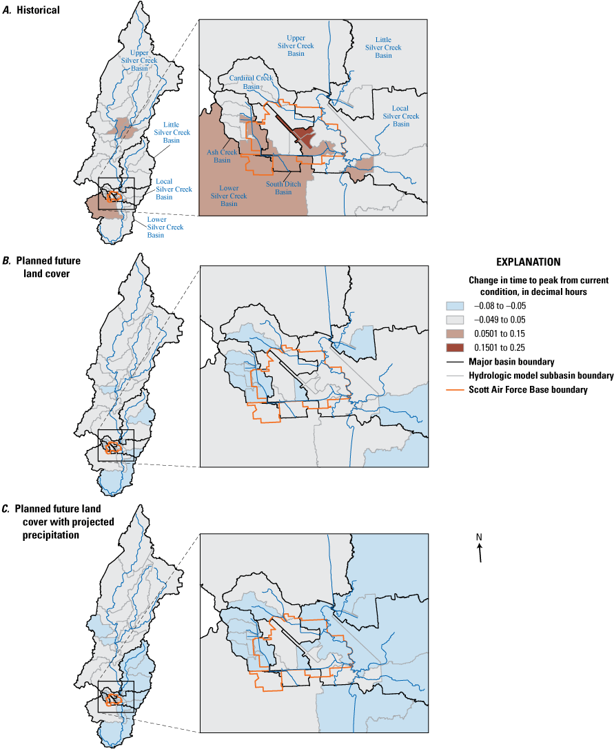 Maps indicate the subbasins with the greatest change in time to peak for the 100-year
                     recurrence interval event are in the downstream one-half of basin.