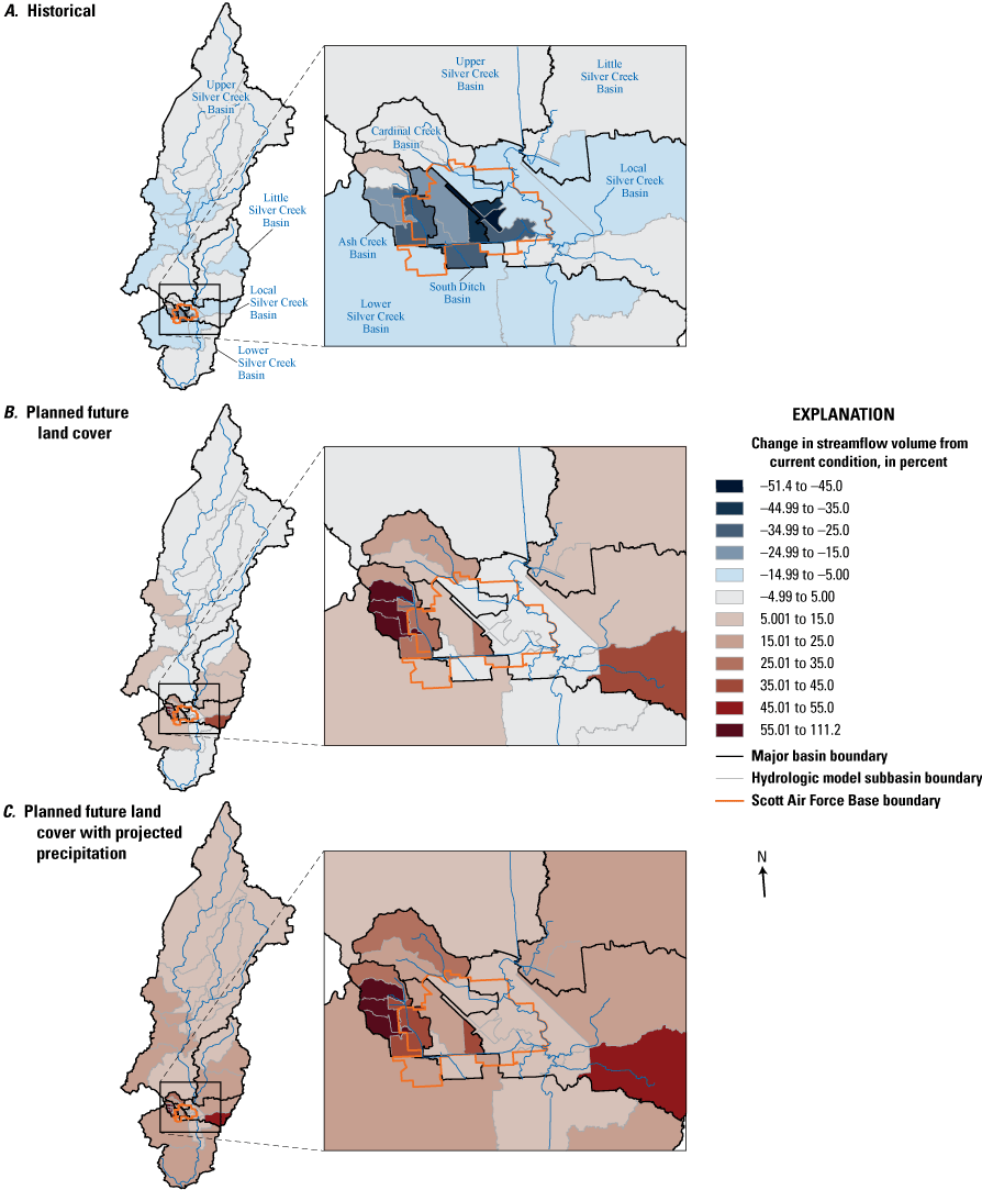 Maps indicate the subbasins with the greatest percentage change in runoff volume for
                     the 2-year recurrence interval event are in the downstream one-half of basin except
                     for basin-wide changes under future land cover plus projected precipitation.