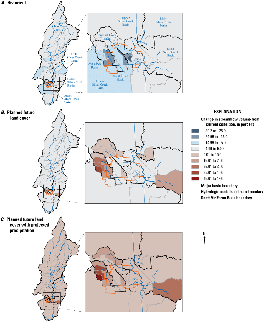 Maps indicate the subbasins with the greatest percentage change in runoff volume for
                     the 100-year recurrence interval event are in the downstream one-half of basin except
                     for basin-wide changes under future land cover plus projected precipitation.