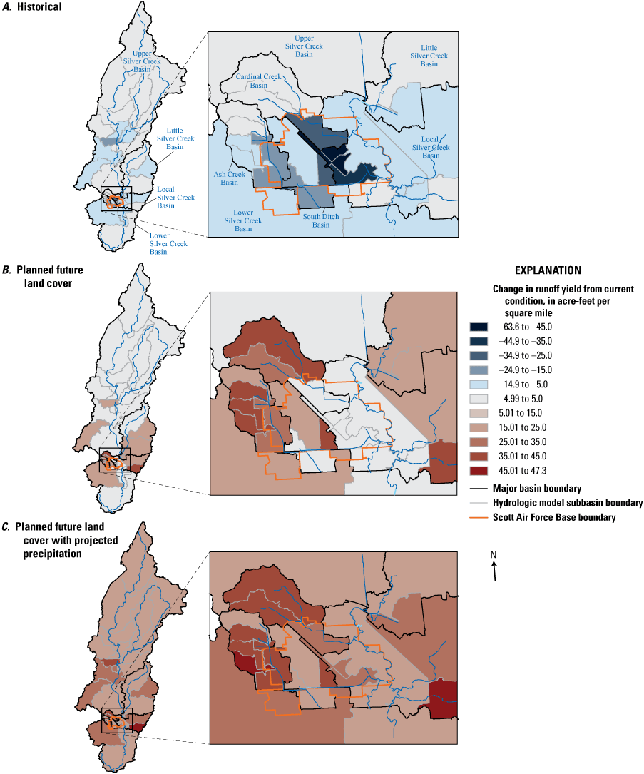 Maps indicate the subbasins with the greatest percentage change in runoff yield for
                     the 2-year recurrence interval event are in the downstream one-half of basin except
                     for basin-wide changes under future land cover plus projected precipitation.