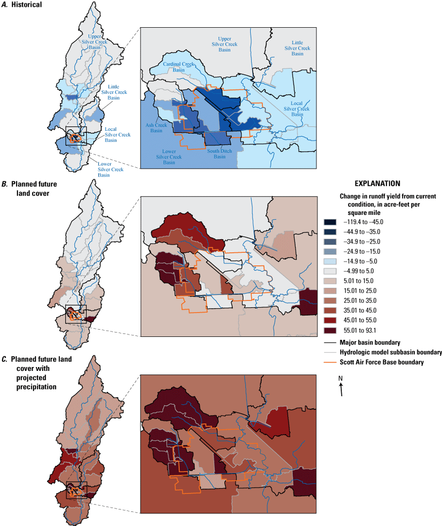 Maps indicate the subbasins with the greatest percentage change in runoff yield for
                     the 100-year recurrence interval event are in the downstream one-half of basin except
                     for basin-wide changes under future land cover plus projected precipitation.