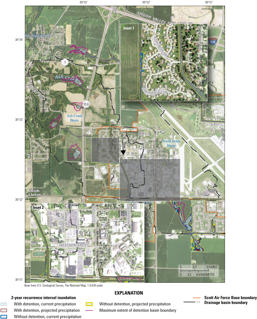 Maps indicate limited inundation extent for the 2-year recurrence interval event.