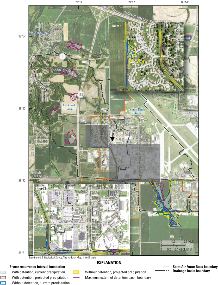 Maps indicate limited inundation extent for the 5-year recurrence interval event.