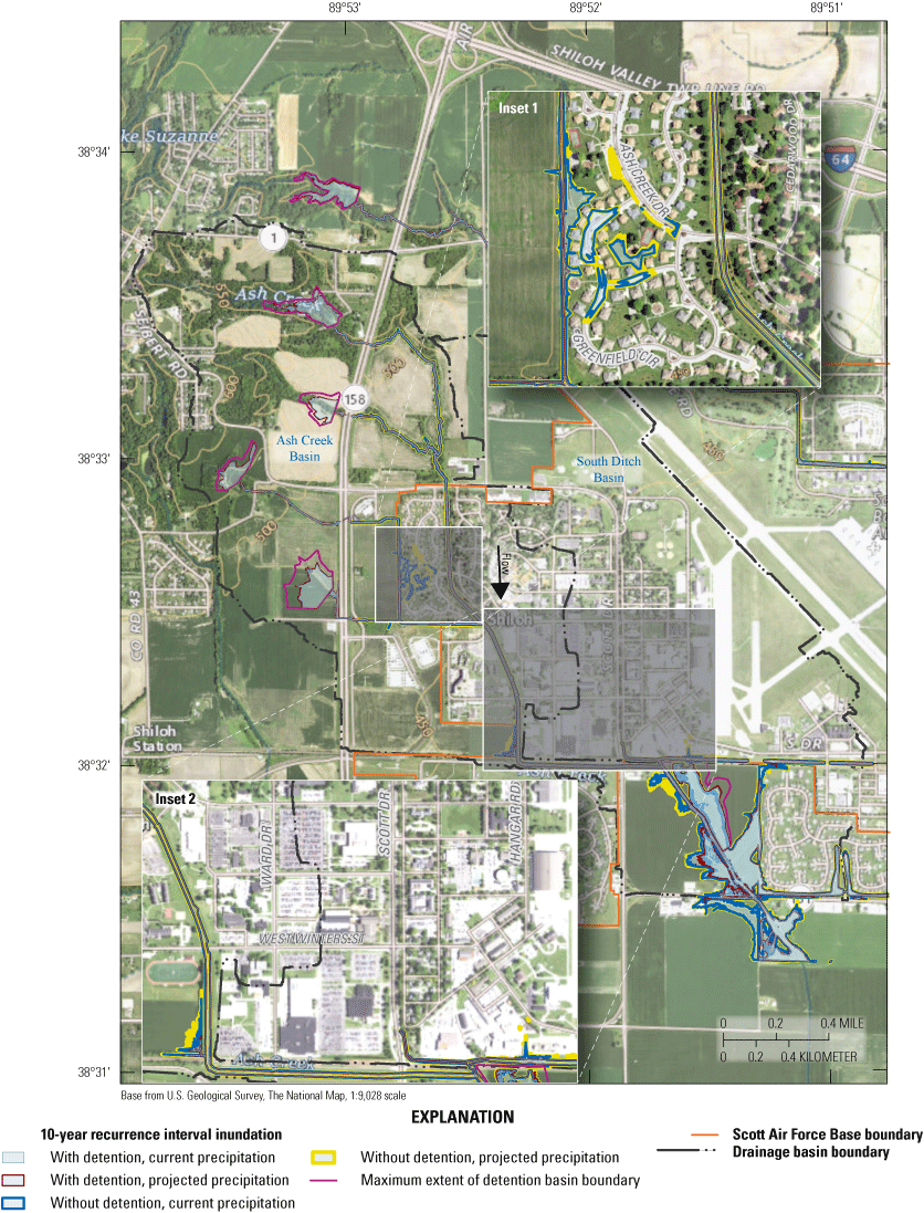 Maps indicate the beginning of inundation in residential area along Ash Creek for
                           the 10-year recurrence interval event.