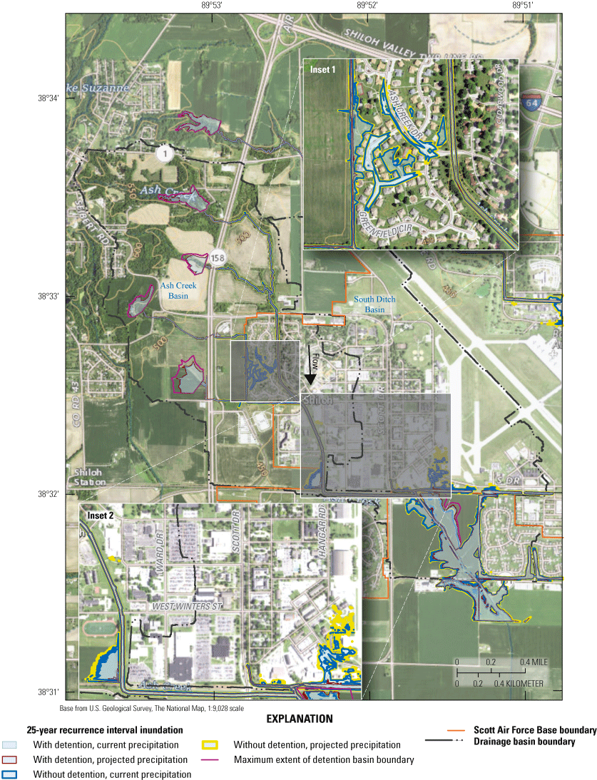 Maps indicate an increase of inundation in residential area along Ash Creek and begin
                           of inundation along South Ditch for the 25-year recurrence interval event.