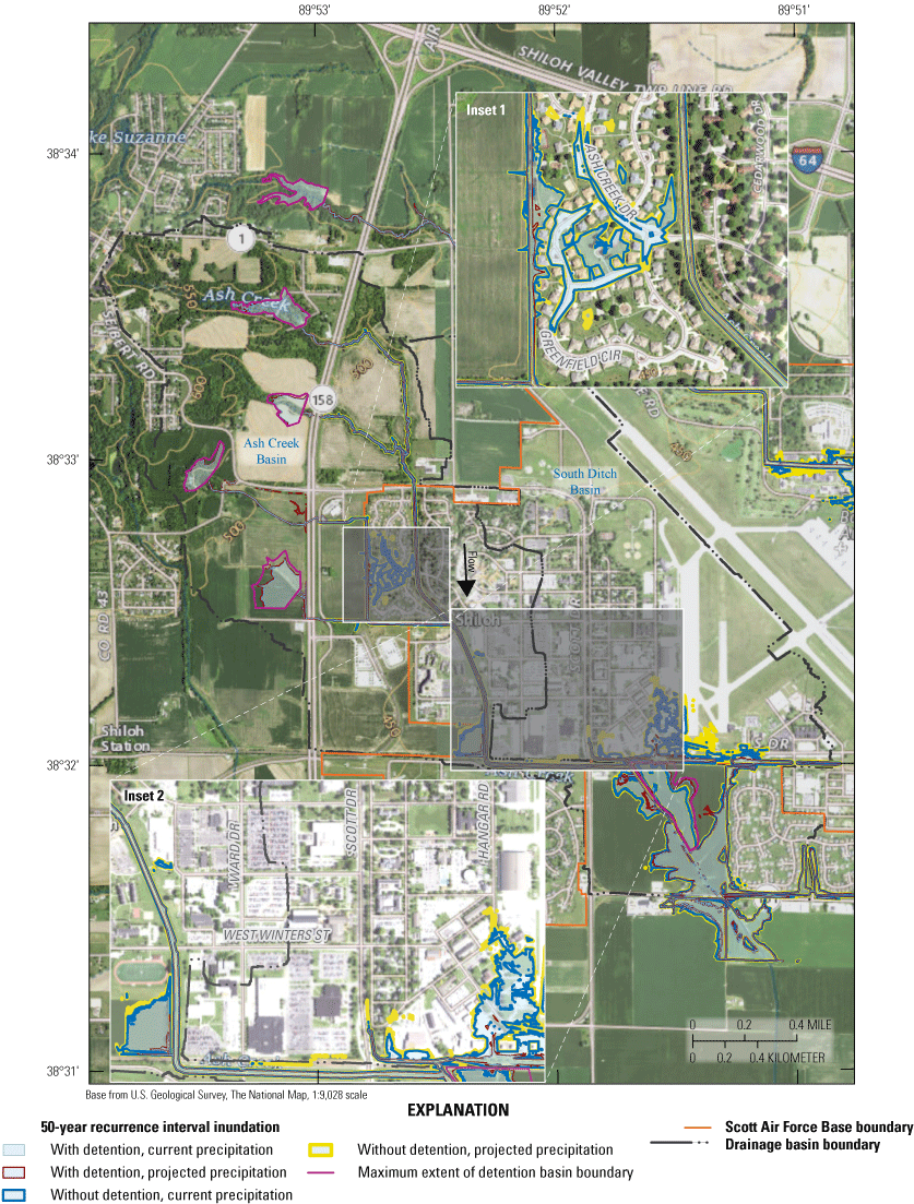 Maps indicate an increase of inundation in residential area along Ash Creek and increase
                           of inundation extent along South Ditch for the 50-year recurrence interval event.