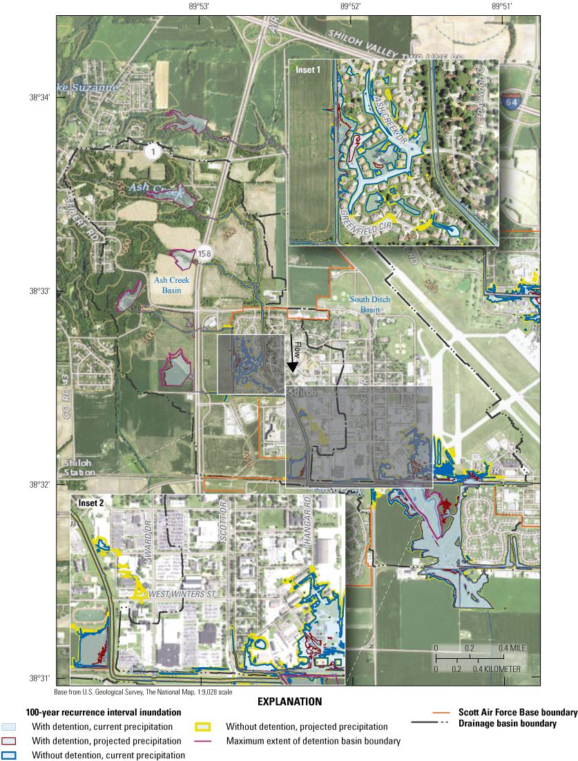 Maps indicate an increase of inundation in residential area along Ash Creek and increase
                           of inundation extent along South Ditch for the 100-year recurrence interval event.