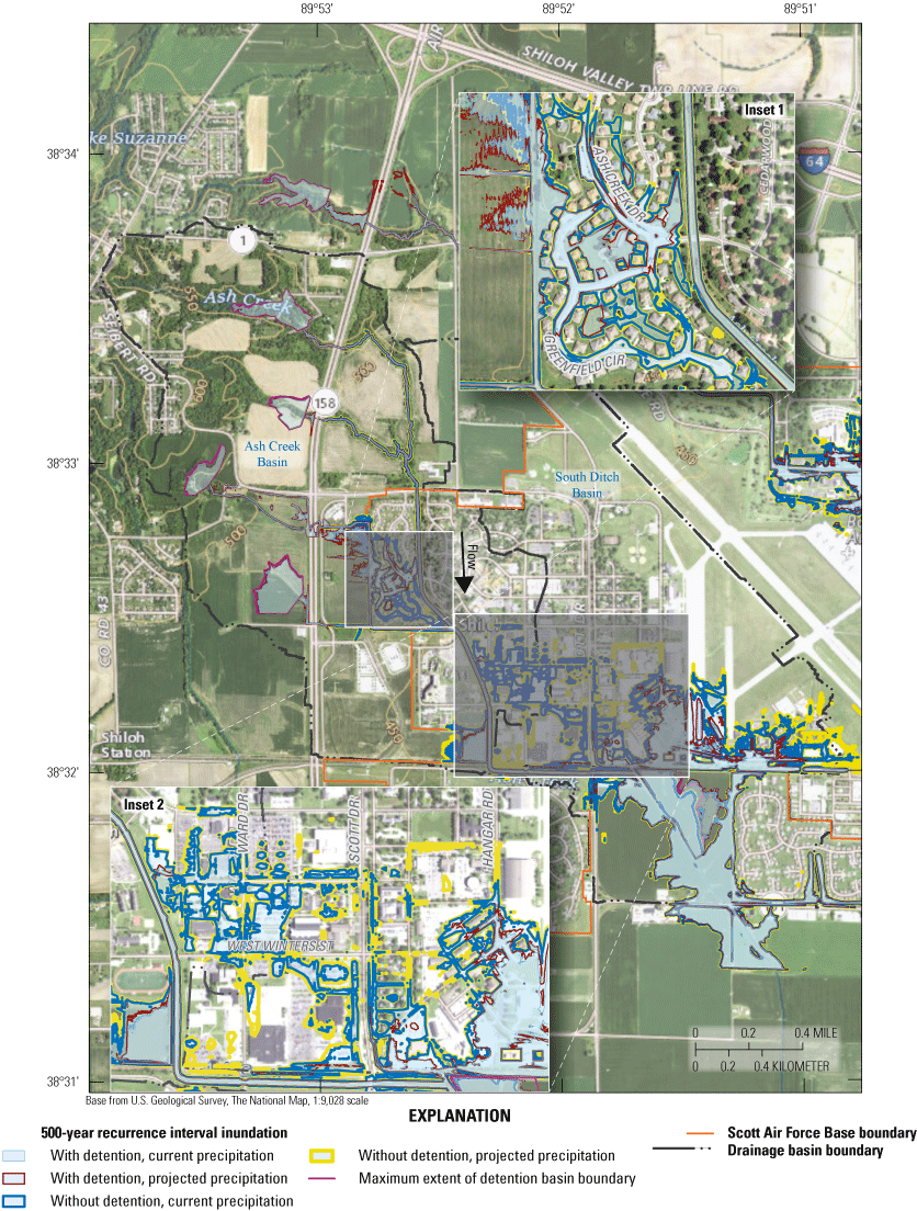 Maps indicate extensive inundation in residential area along Ash Creek and along South
                           Ditch for the 500-year recurrence interval event.