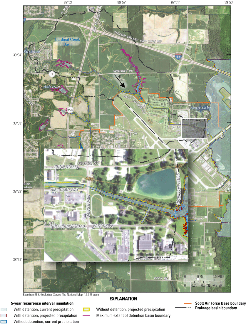 Maps indicate a limited extent of inundation for the 5-year recurrence interval event.