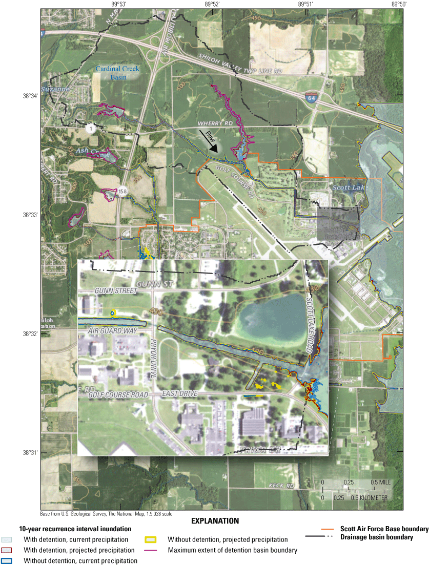 Maps indicate a limited extent of inundation for the 10-year recurrence interval event
                           with some encroachment on downstream end from Silver Creek.