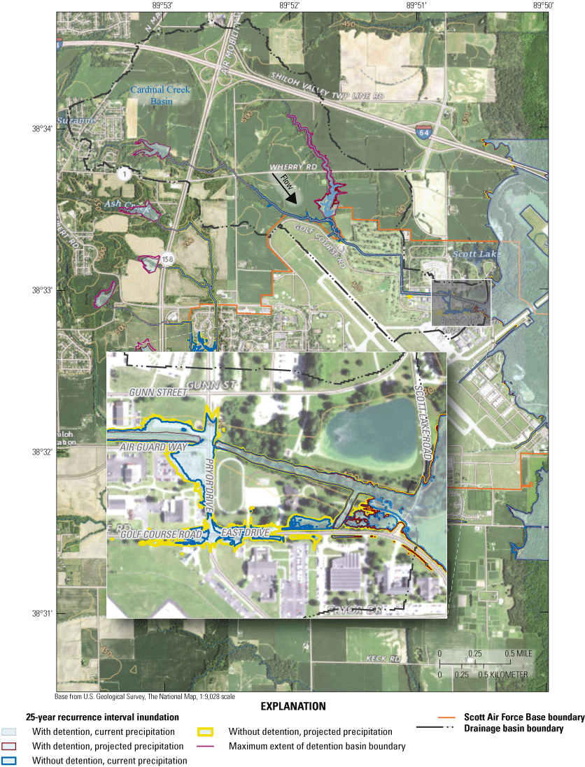 Maps indicate the moderate extent of inundation for the 25-year recurrence interval
                           event at downstream end of reach with some additional encroachment from Silver Creek.