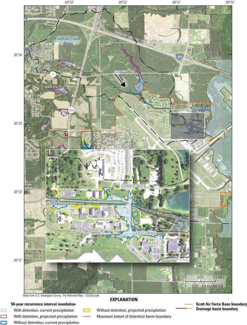 Maps indicate the extensive extent of inundation for the 50-year recurrence interval
                           event at downstream end of reach with some additional encroachment from Silver Creek.