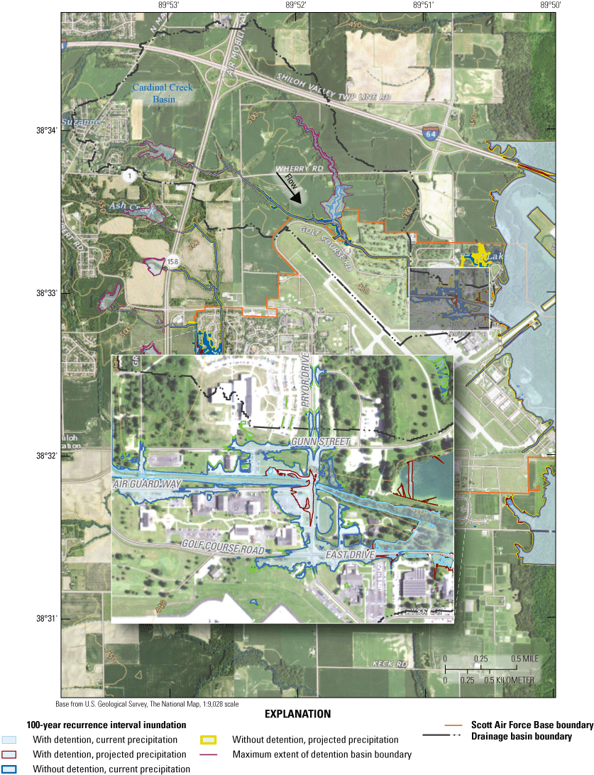 Maps indicate the extensive extent of inundation for the 100-year recurrence interval
                           event at downstream end of reach with some additional encroachment from Silver Creek.