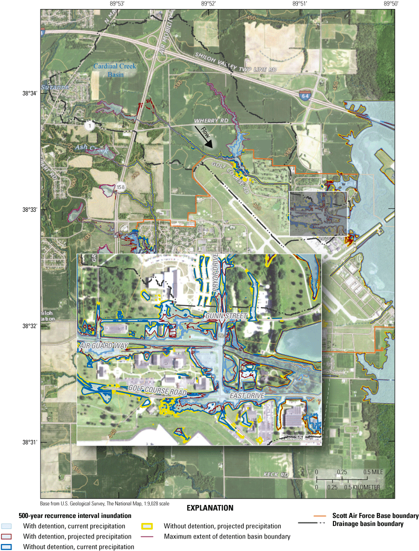 Maps indicate extensive extent of inundation for the 500-year recurrence interval
                           event at downstream end of reach with some additional encroachment from Silver Creek.