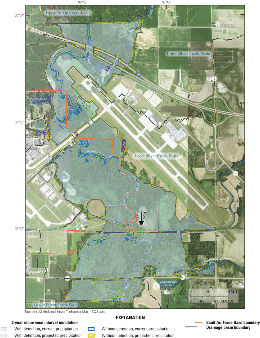 Maps indicate extensive inundation of bottomland area adjacent to Silver Creek and
                           along lower tributaries for the 2-year recurrence interval event.