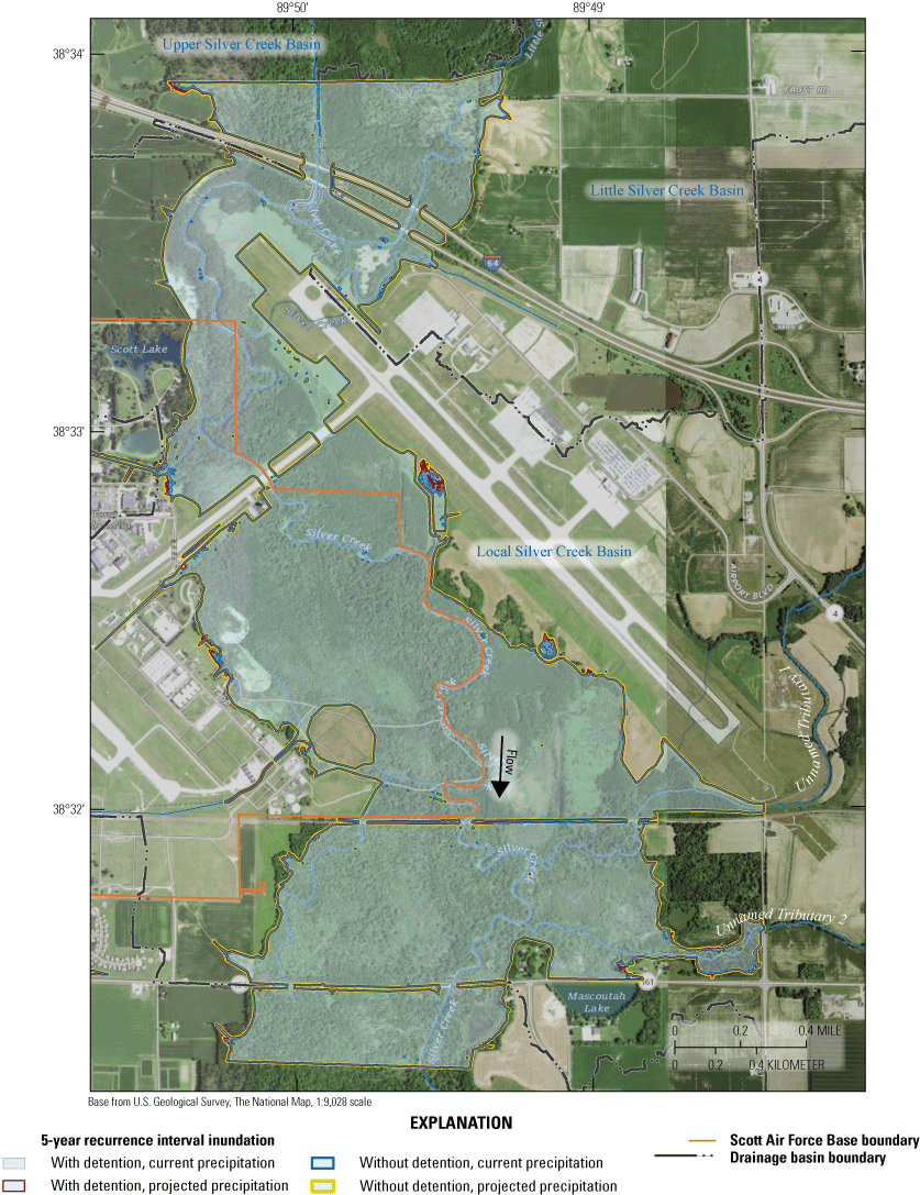 Maps indicate extensive inundation of bottomland area adjacent to Silver Creek and
                           along lower tributaries for the 5-year recurrence interval event.