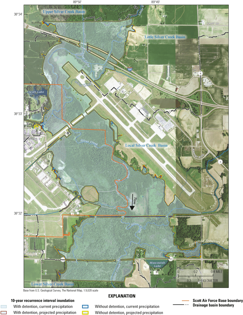 Maps indicate extensive inundation of bottomland area adjacent to Silver Creek and
                           along lower tributaries for the 10-year recurrence interval event.