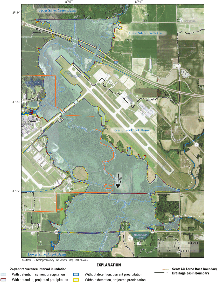 Maps indicate extensive inundation of bottomland area adjacent to Silver Creek and
                           along lower tributaries for the 25-year recurrence interval event.