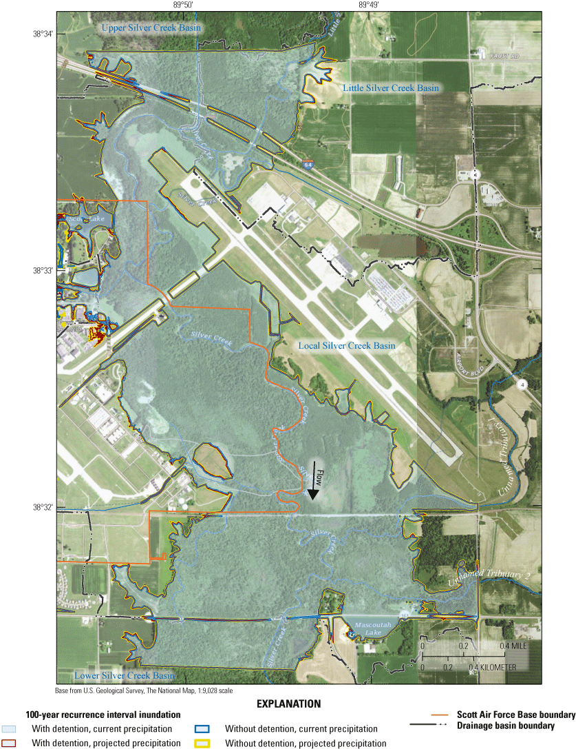 Maps indicate extensive inundation of bottomland area adjacent to Silver Creek and
                           along lower tributaries for the 100-year recurrence interval event.