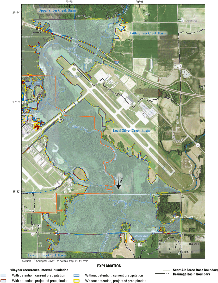 Maps indicate extensive inundation of bottomland area adjacent to Silver Creek and
                           along lower tributaries for the 500-year recurrence interval event.