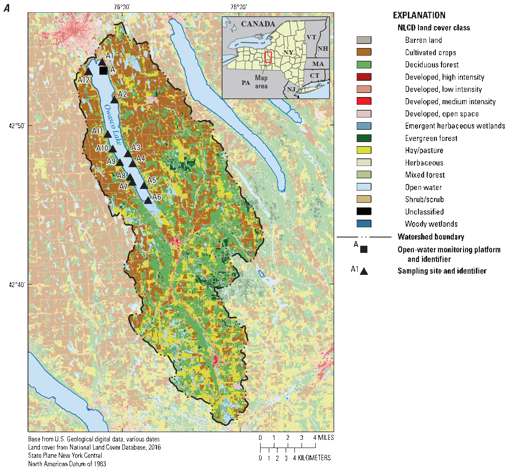 There are 12 nearshore sample sites distributed around each lake and land use around
Owasco Lake and Seneca Lake is mainly cultivated crops, deciduous forest, and hay/pasture.