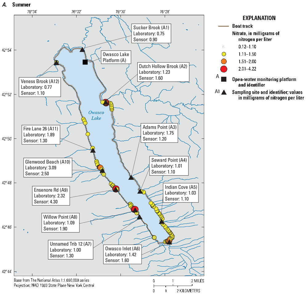 Nitrate concentrations in Owasco Lake in the summer were highest in the northeastern,
southern, and western parts of the lake, and in the southern part of the lake in the
fall.
