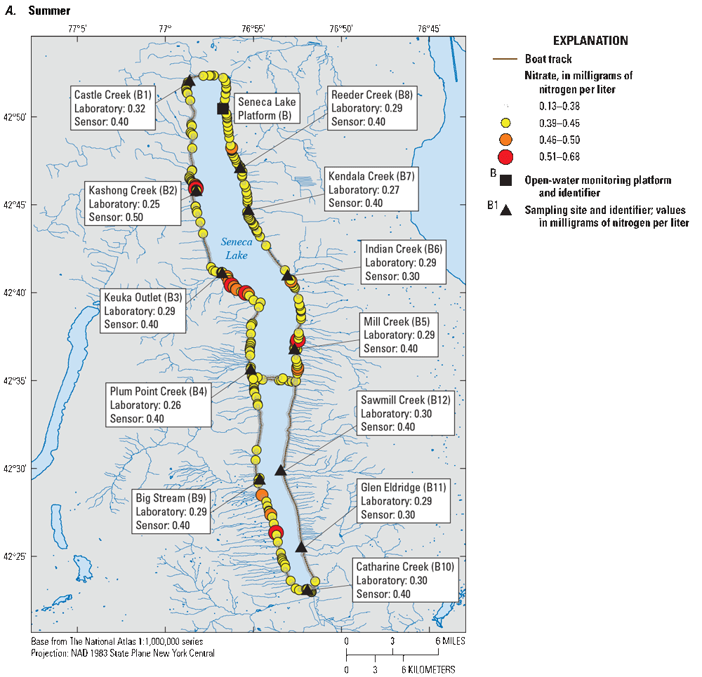 Nitrate concentrations in Seneca Lake were higher around much of the shoreline except
the southeast in the summer, and in the east-central and south parts of the shoreline
in the fall.