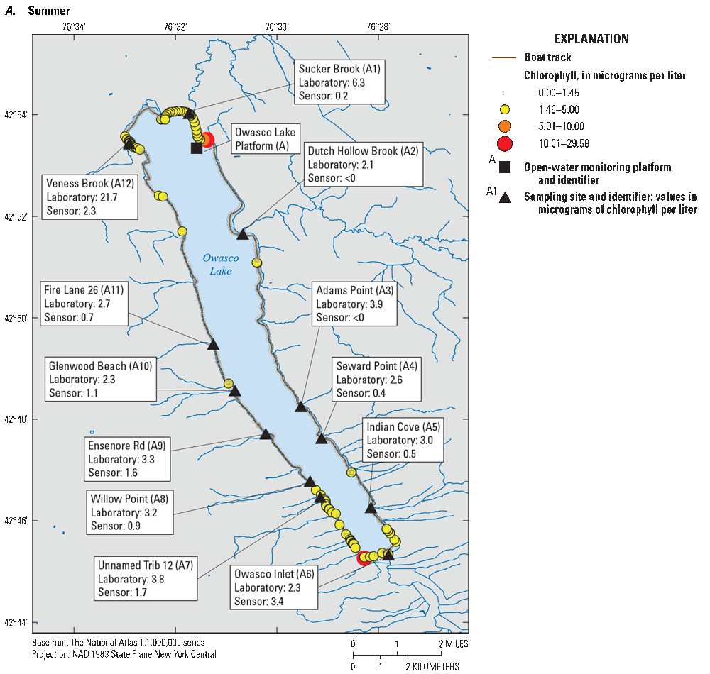 Chlorophyll concentrations in Owasco Lake were higher in the northeast and southern
parts of the lake in summer, and along the eastern part of the lake in fall.