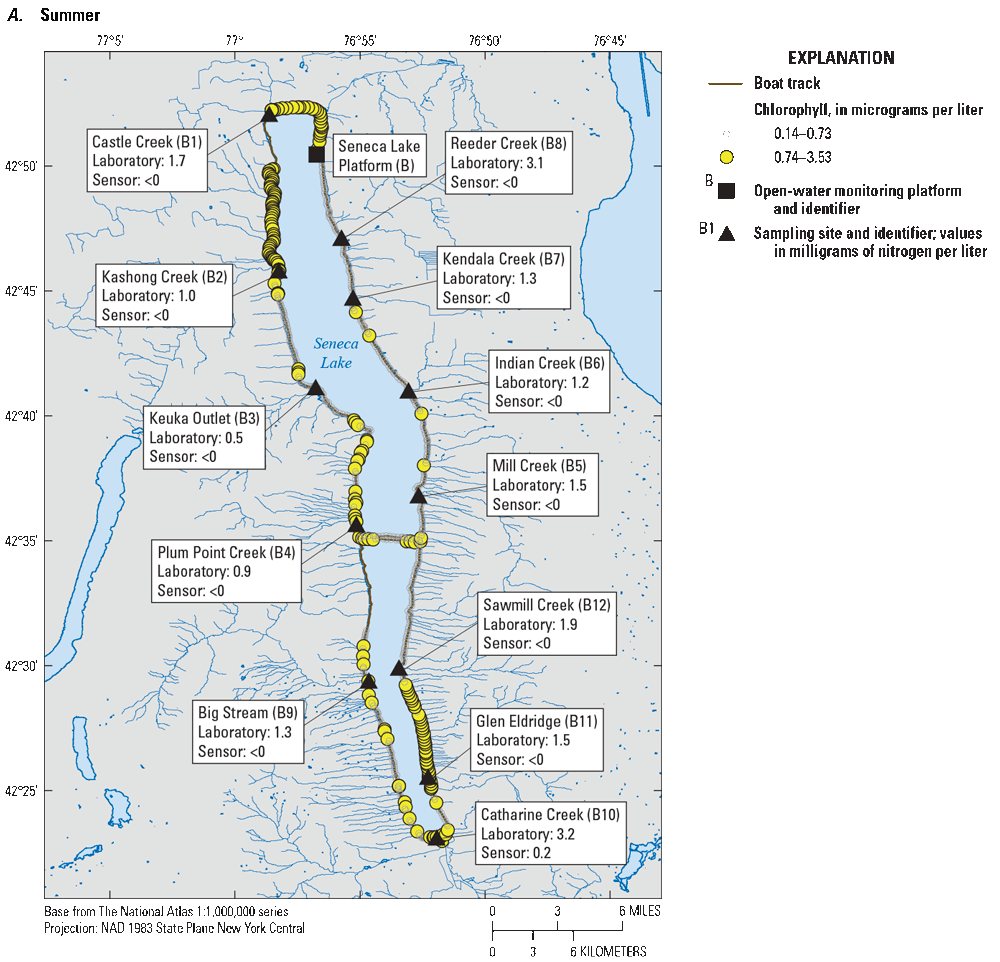 Higher chlorophyll concentrations in Seneca Lake in summer were found mainly in the
northeast, northwest, and southeastern portions of the lake, and mainly in the northwest
and southwest in the fall.