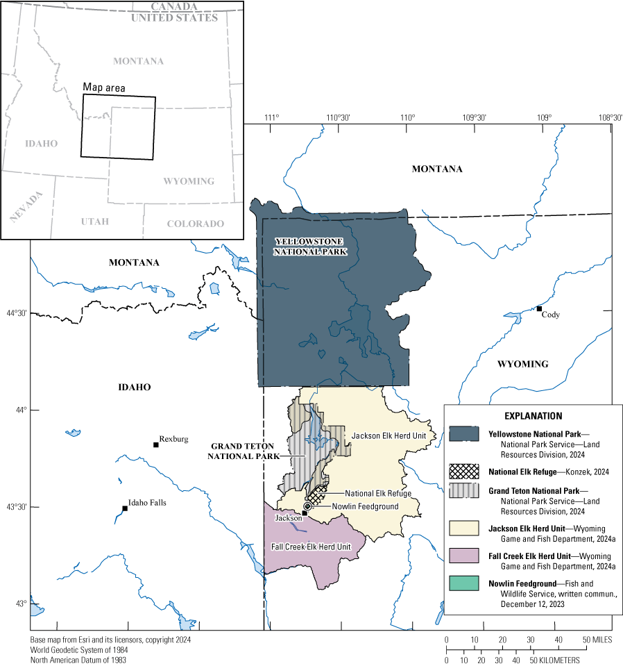 The elements of the study area are in the northwestern and western side of Wyoming.
                     There is some overlap of the parks, Refuge, and herd units.