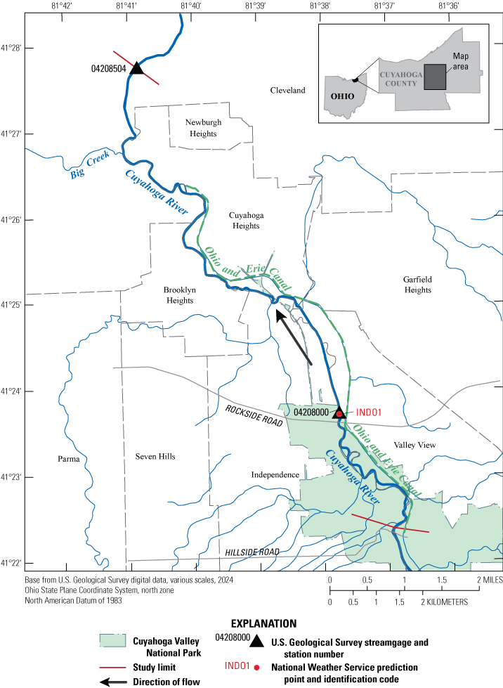 The study area is in Cuyahoga county. The Cuyahoga River flows from south to north.
                     Streamgage 0428000 is near the south, and streamgage 04208504 is on the north border
                     of the study area.