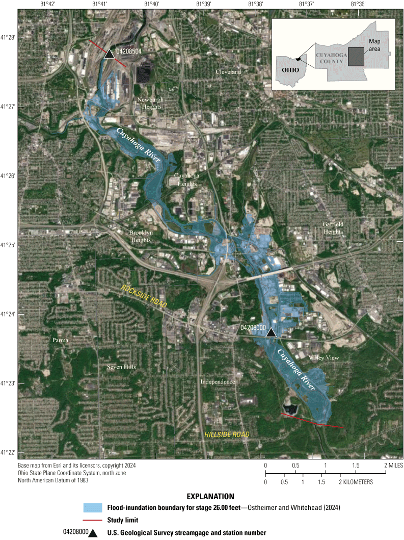 The area around the Cuyahoga River is flooded. Wooded areas, commercial areas, and
                        many roads and some bridges are flooded in Valley View, Independence, Garfield Heights,
                        Brooklyn Heights, Cuyahoga Heights, and Newburgh Heights.