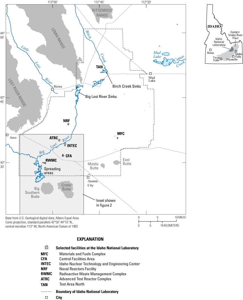 Locations of the Idaho National Laboratory and other select facilities, Idaho.