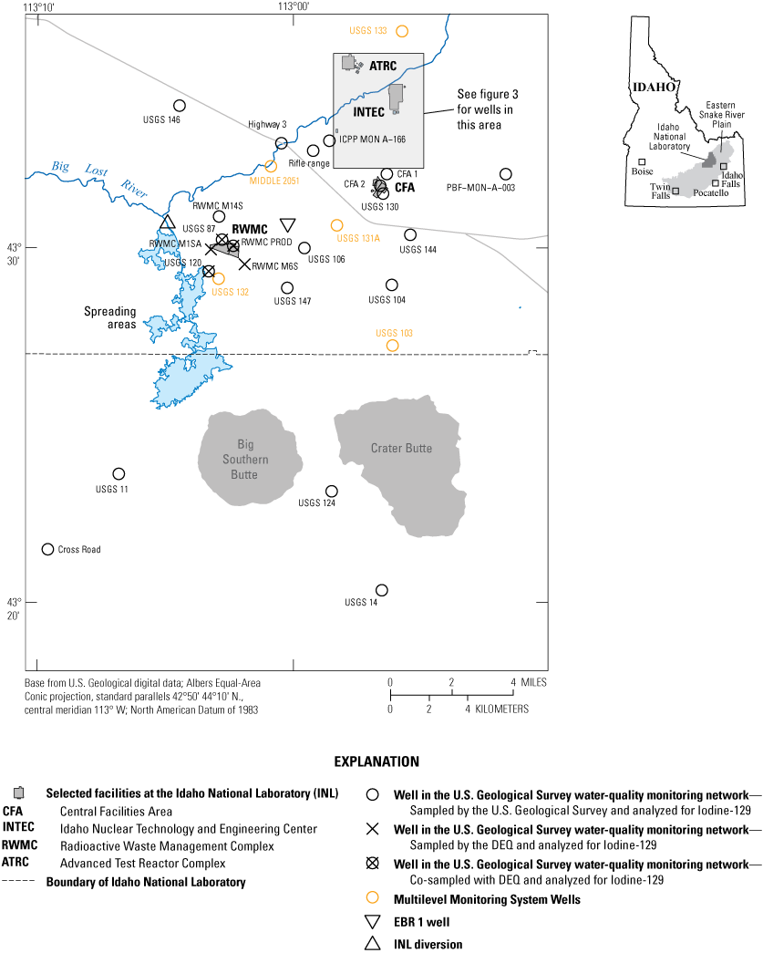 Locations of selected wells at and near the Idaho National Laboratory.