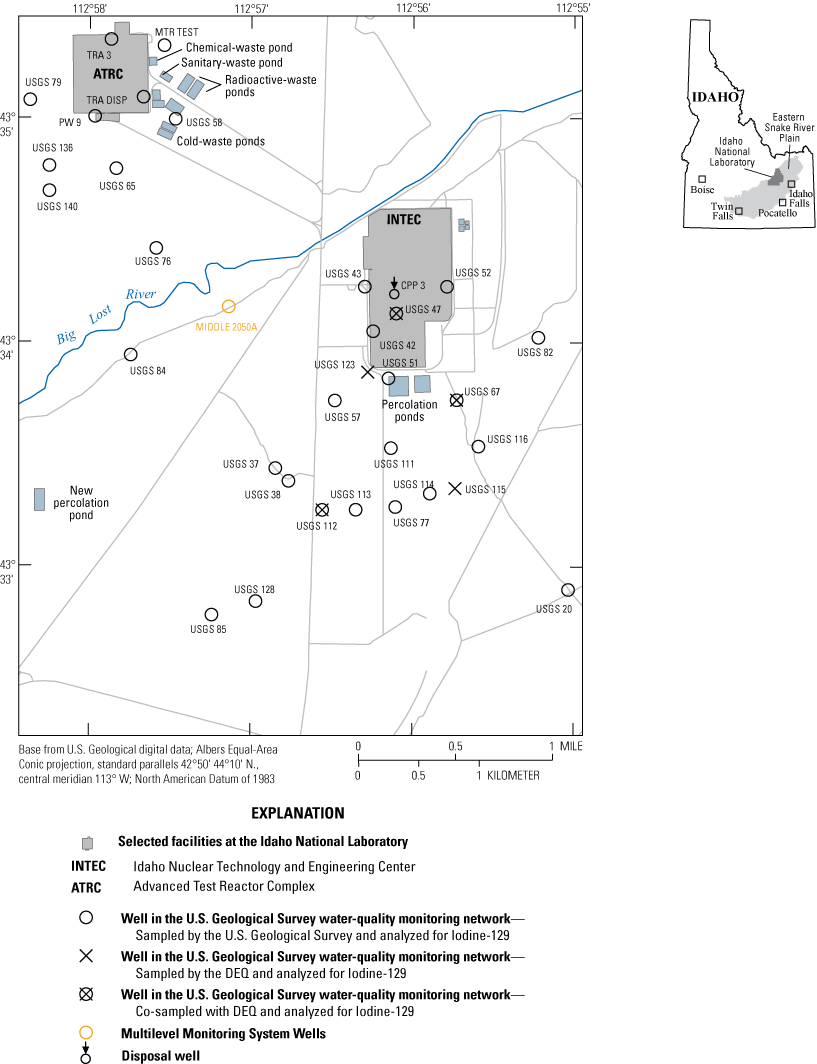 Locations of selected wells at and near selected facilities at the Idaho National
                     Laboratory.