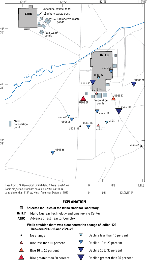 Change in Iodine-129 concentrations between select samples collected between 2017–18
                     and 2021–22 at select wells at the Idaho National Laboratory.