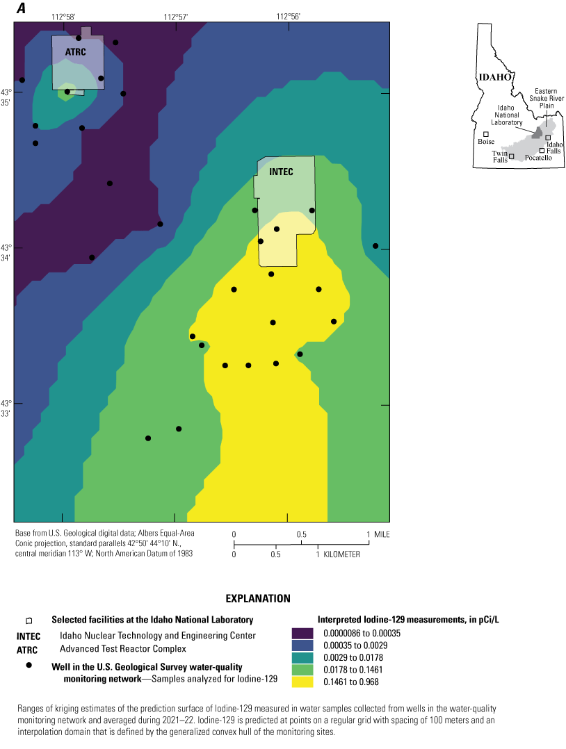 Kriging estimates of the Iodine-129 prediction surface in water overlain on the empirical
                     concentrations from wells at and near the Advanced Test Reactor Complex and the Idaho
                     Nuclear Technology and Engineering Center, and variogram analysis of Iodine-129 transformed
                     into standardized rank space for wells at the Idaho National Laboratory, Idaho.