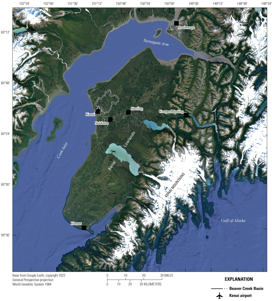 Satellite imagery of the Kenai Peninsula with snow-capped mountains to the east and
                     a flatter lowland area to the west. The study basin is outlined in the northwest part
                     of the peninsula.