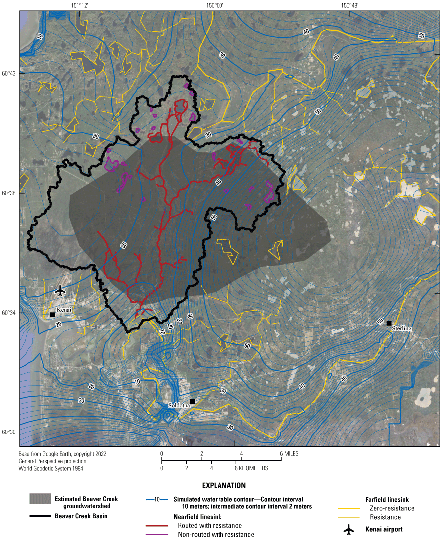 The water table contours show a high to the east and north and often bend by linesinks.
               The groundwatershed is generally smaller than the surface-water basin except to the
               east where it extends well beyond the surface divide.