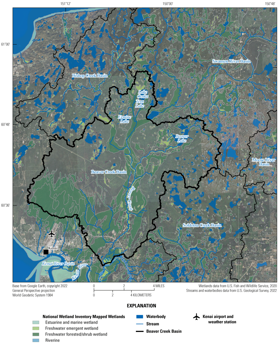 Map centered on the Beaver Creek study basin. Surrounding basins are outlined and
                        include Bishop Creek to the northwest, the Swanson River to the northeast, the Moose
                        River to the east, Soldotna Creek to the southeast, and the Kenai River to the south.
                        The area is covered in numerous wetlands and lakes, especially to the north and east
                        of the study basin.