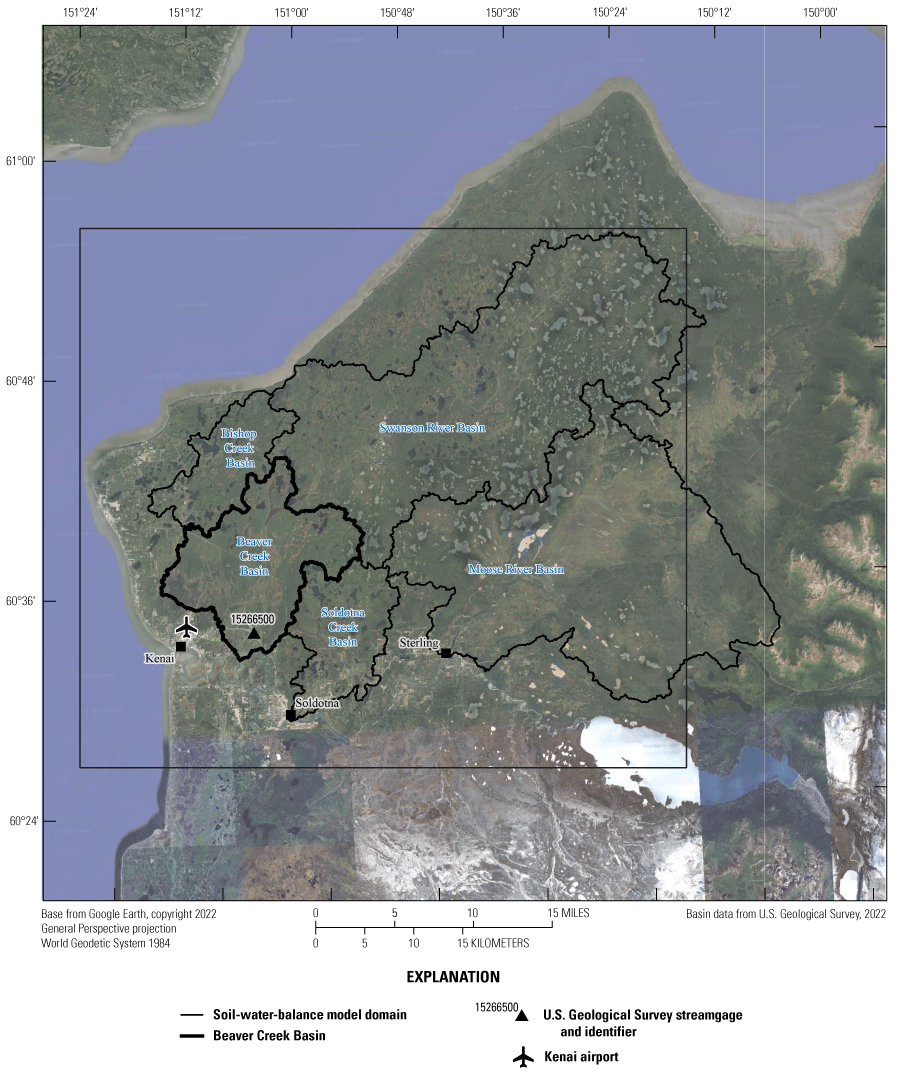 Map showing the model domain for the Beaver Creek SWB model. The domain covers most
               of the northwestern part of the Kenai Peninsula from Soldotna north, extending west
               to Cook Inlet, and east almost to the Kenai Mountains. The study basin is located
               just west of the middle of this model domain.