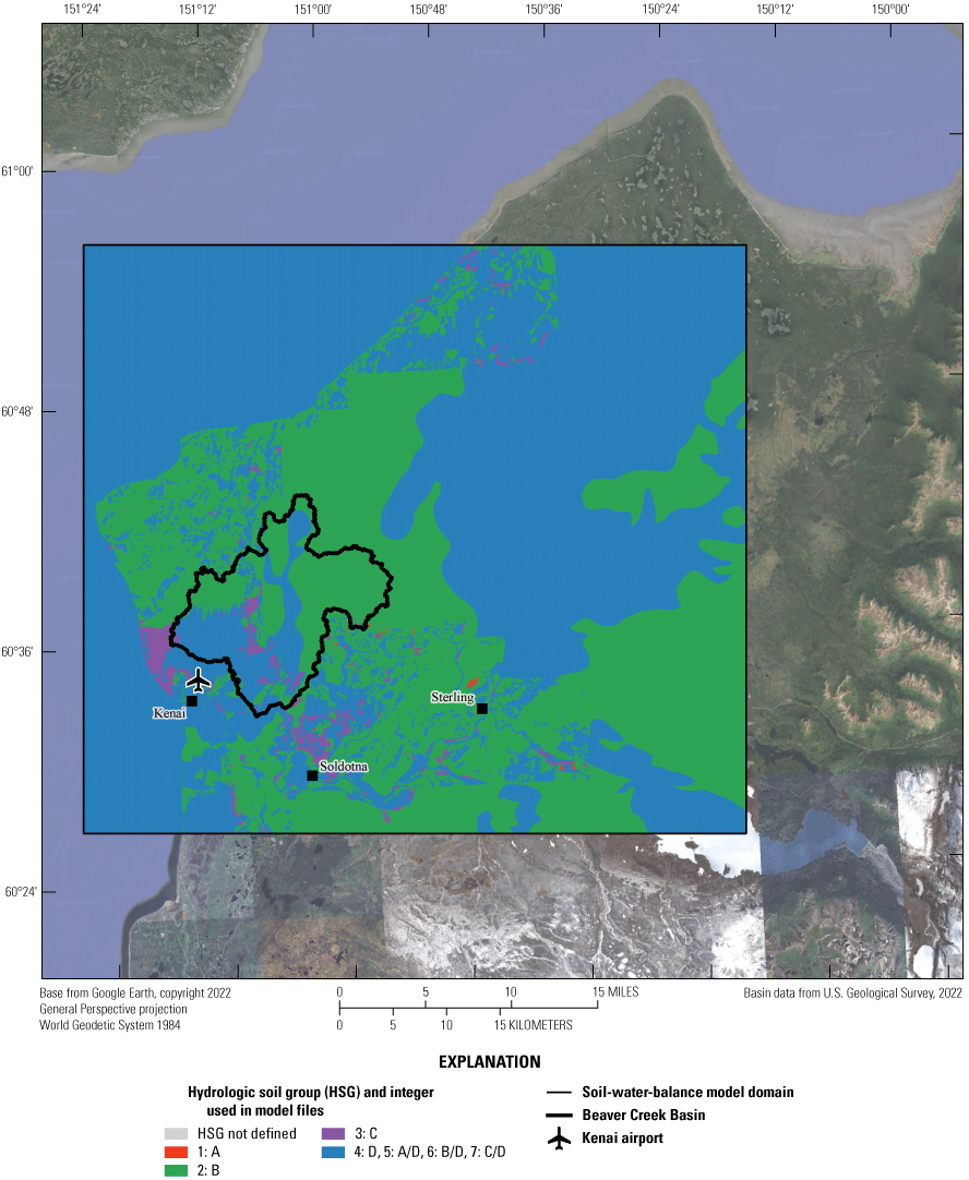 Map showing the hydrologic soil groups with satellite imagery for areas outside the
                  Beaver Creek SWB model domain. The model area is dominated by green and blue which
                  represent soil types B and D.