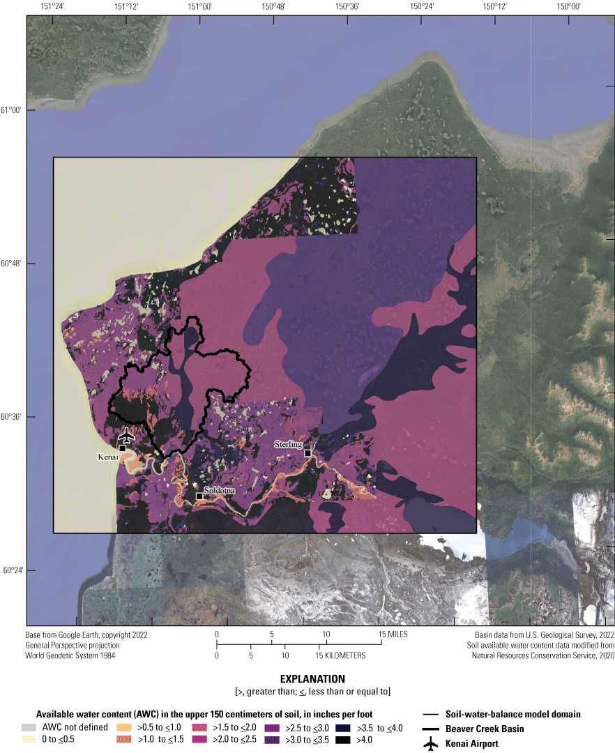 Map showing the soil available water content scaled from tan to black with pinks and
                  purples for the mid-range values and satellite imagery for areas outside the Beaver
                  Creek SWB model domain. The model area is dominated by pink and purple values representing
                  values between 1.5 and 3.5 inches/foot.