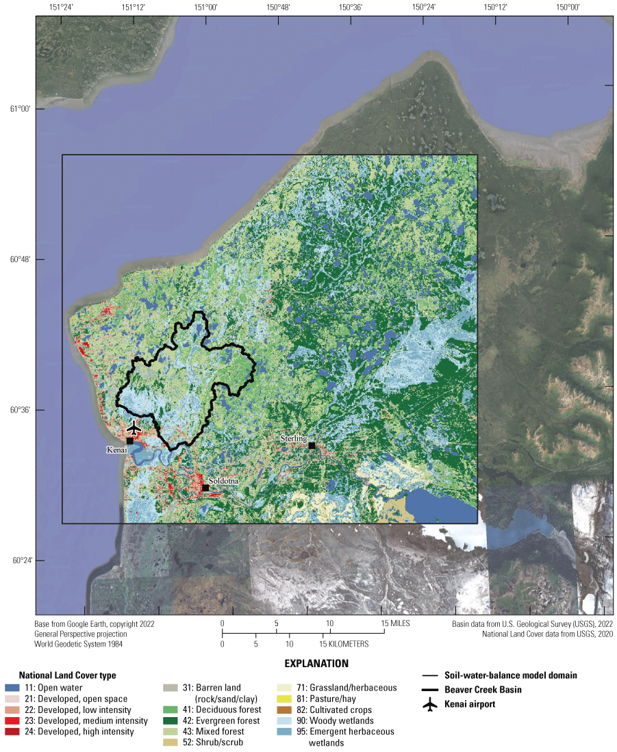 Land-use types are shown with discrete colors across the Beaver Creek soil-water-balance
                  model. Inactive model areas and areas outside the model domain display the satellite
                  imagery. The Beaver Creek Basin is dominated by woody wetlands, mixed forest, and
                  deciduous forest. Areas along the coast and Kenai River show some development but
                  most of the study basin in not developed. Areas east of the basin show more evergreen
                  forest and open water.