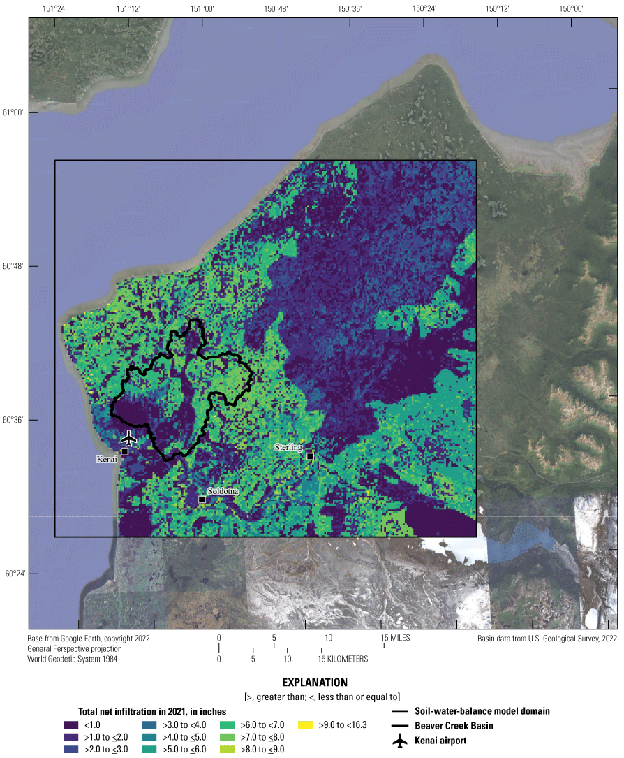 The net infiltration shows patterns that reflect the soils and land-use coverages
                  with many 5-7 inches per year values across the Beaver Creek SWB model domain and
                  a large low value (less than 4 inches per year) area to the northeast. The runoff
                  area has higher values in the Beaver Creek valley and lower values across most of
                  the area surrounding Beaver Creek, except for lakes and the Kenai River valley. Rejected
                  recharge is generally low (less than 2 inches per year) and highest where the infiltration
                  is lowest to the northeast.