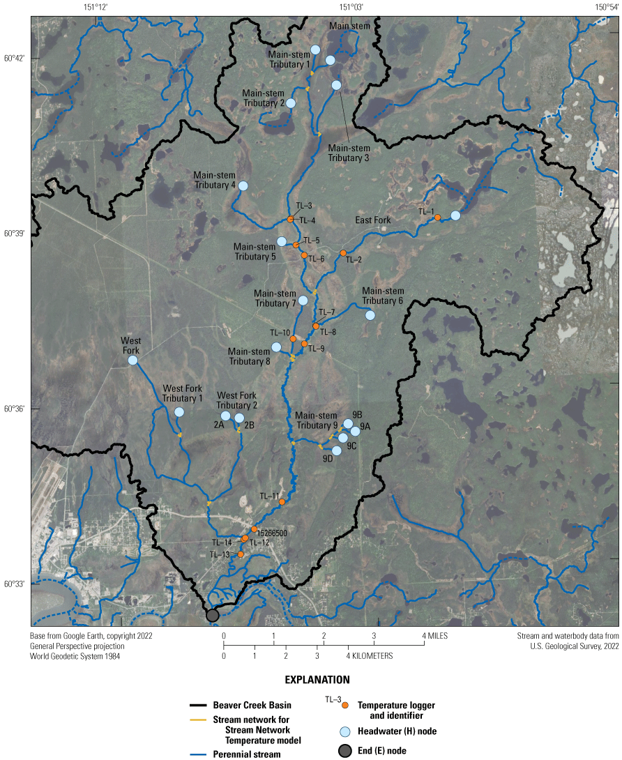 The SNTEMP stream network matches the stream lines except for the lake headwater to
                  the north and the parallel channel in the West Fork. Smaller tributaries are numbered
                  from 1 to 9 along the main stem from north to south with the largest noted as the
                  East and West forks.